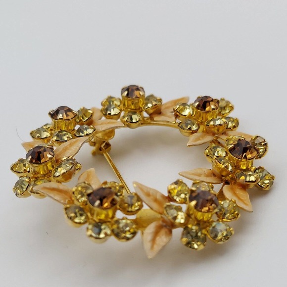 Floral Wreath Brooch Lot of 2 Enamel Rhinestone Round Flower Pins Multi Tone - Picture 4 of 7